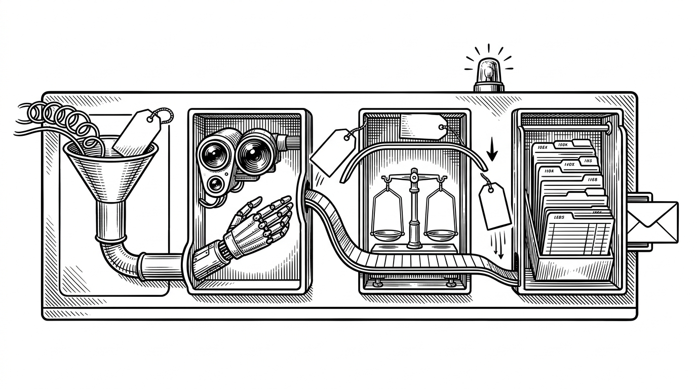 A close-up control panel with a product URL entering one chamber, then moving through extraction, comparison, history logging, and alert dispatch. A price tag travels through the chambers like a baton in a relay. The image explains how Dealzo only triggers action when the price actually changes.