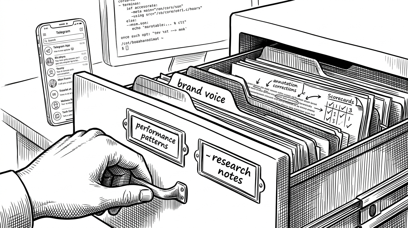 A close-up editorial illustration of a file cabinet drawer labeled with Markdown memory files such as performance patterns and brand voice. Inside are clipped pages with corrections, scorecards, and arrows, while a Telegram phone and terminal window sit blurred in the background. The scene explains how BrandCrew stores institutional knowledge in files instead of hidden agent state.