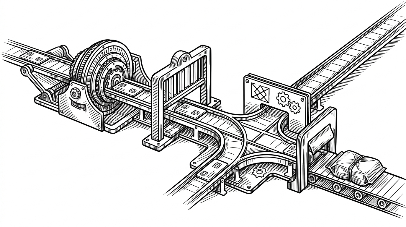 A staged mechanical relay transforms a login token into a sealed IPA package. Each checkpoint stamps, branches, or reroutes the token before the final archive rolls out at the end of the line.