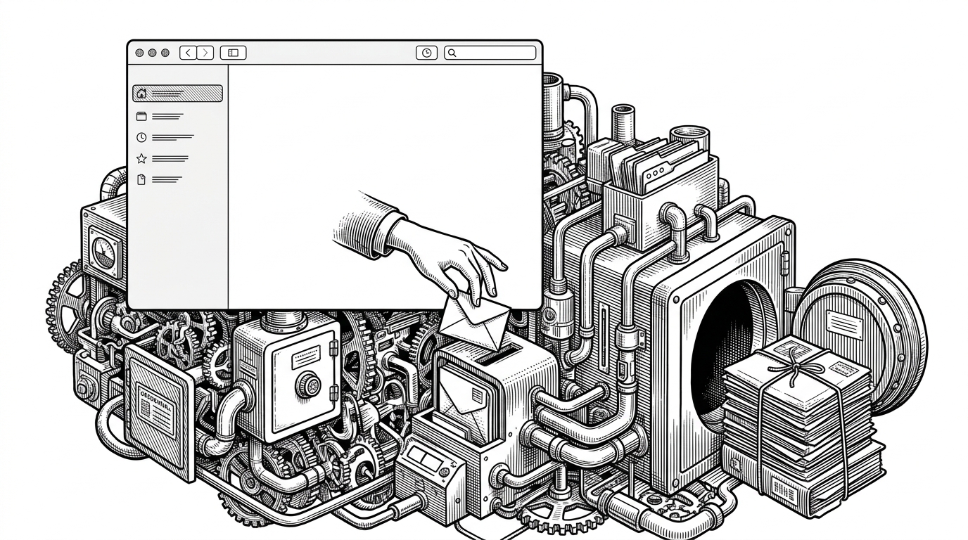 A polished macOS app window sits in front of a dense, mechanical service structure. The foreground looks simple and native, while the background suggests hidden authentication and licensing machinery feeding into a stack of archived app packages.
