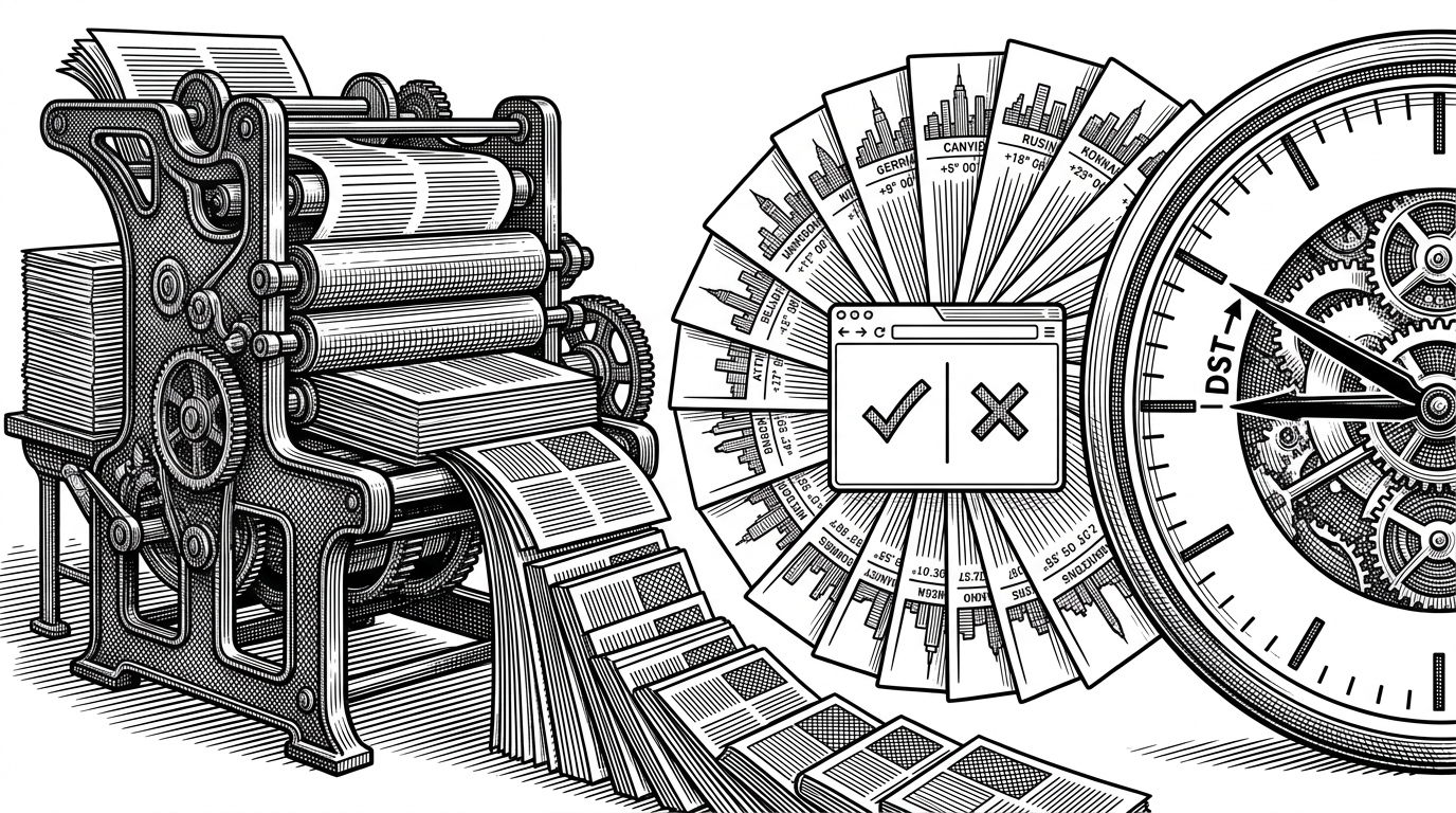 A split editorial scene shows a static print press on one side and a live clock face on the other. Between them sits a small browser window displaying a yes-or-no daylight saving result, while a fan of timezone placards suggests a catalog baked into the page. The image explains how the site stays static while still producing a live, user-specific answer.