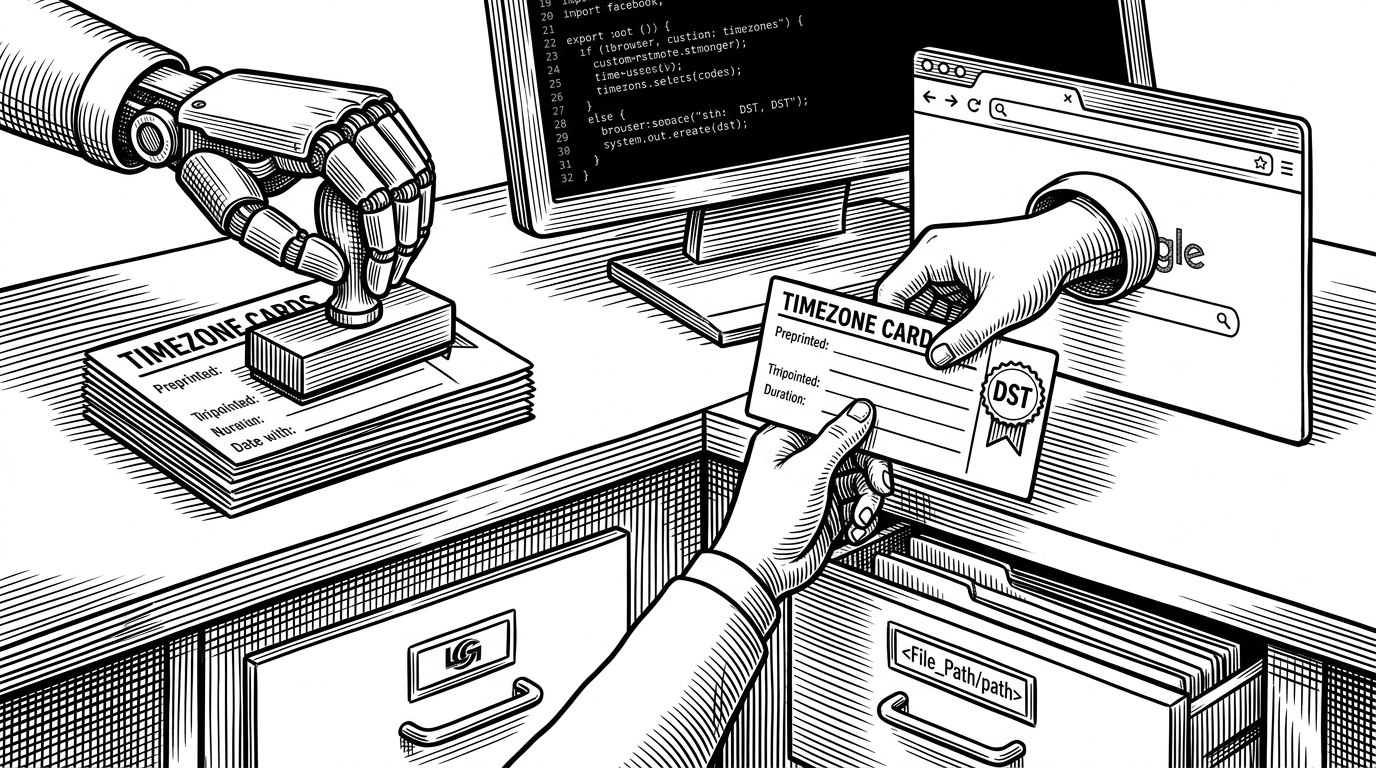 A close-up customs desk for timezones shows preprinted cards being stamped on one side and a browser window selecting one card on the other. A small DST badge appears after the selection, turning the scene into a visual metaphor for build-time data being handed to browser-time logic. The image explains the division between baked-in route generation and local evaluation.