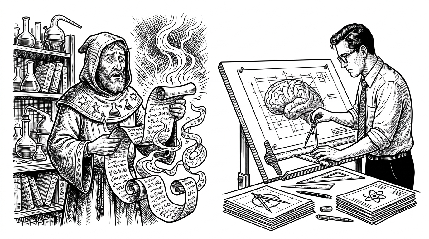 A medieval alchemist looking confused at a scroll next to a modern architect drafting a precise blueprint of a brain, representing the shift from prompt hacking to context engineering.
