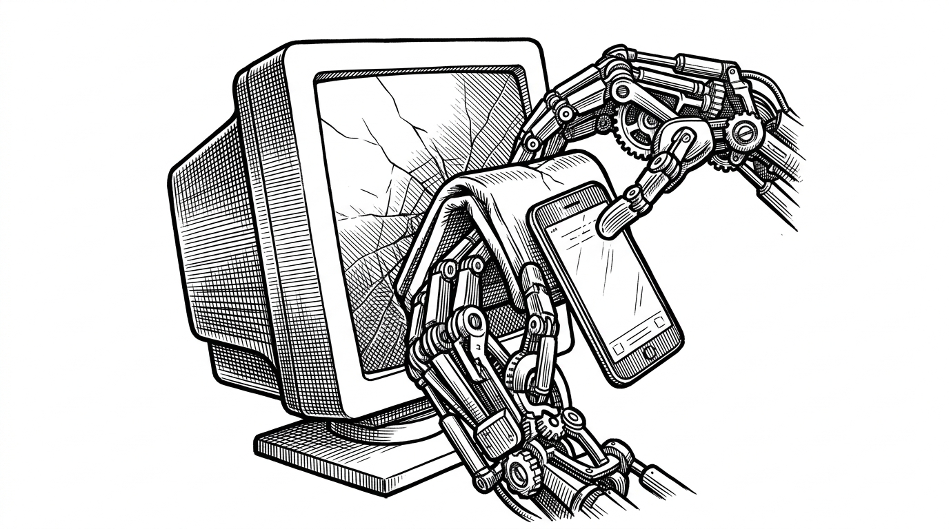 A heavy desktop computer monitor being folded origami-style into a smartphone by mechanical hands. This represents forcing a desktop experience into a mobile form factor natively.