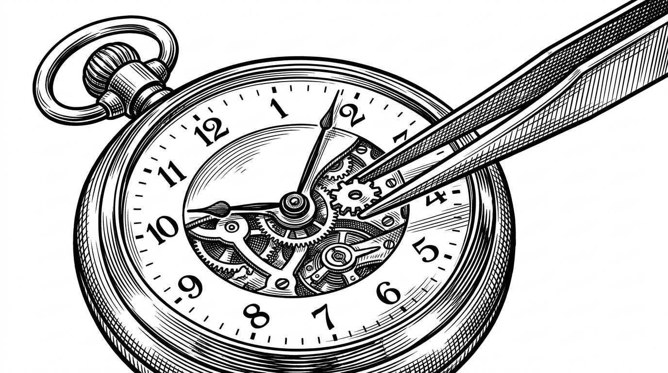 A macro close-up of fine mechanical tweezers swapping a tiny gear inside a running pocket watch. This illustrates Harmony hot-patching the game logic in memory without modifying core files or stopping execution.