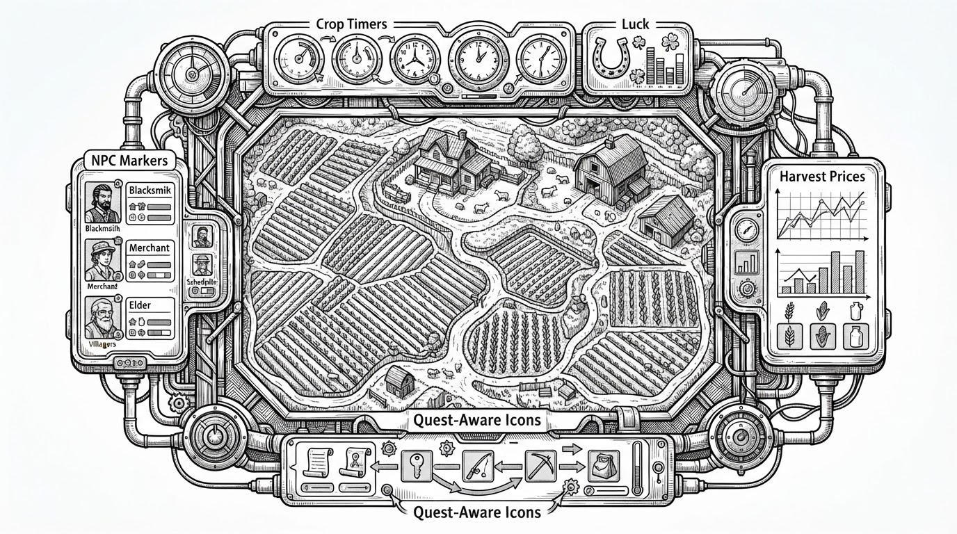 A Stardew Valley-like farm scene turned into a calm instrument panel, with information widgets orbiting the edges instead of crowding the center. The image explains how the mod surfaces useful game state while keeping the play area readable.