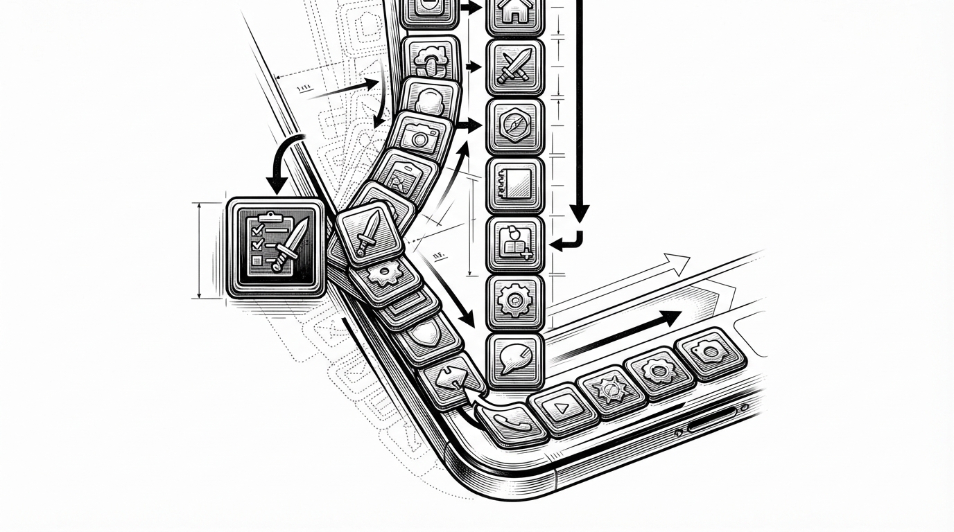 A close-up of icon tiles being stacked into a precise column while one lane bends around a quest tracker block. The image explains that the mod is solving collision-aware HUD geometry instead of placing fixed icons.