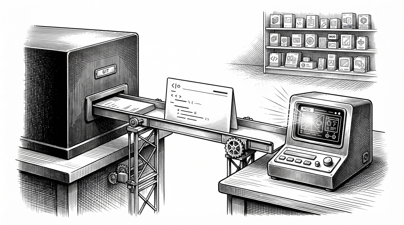 A clean editorial scene shows a single index card moving through a narrow bridge from a GitHub side into a Cinderbox display on the other side. The card stands in for a manifest, explaining how one small file can act as a publishing switch instead of a full application.