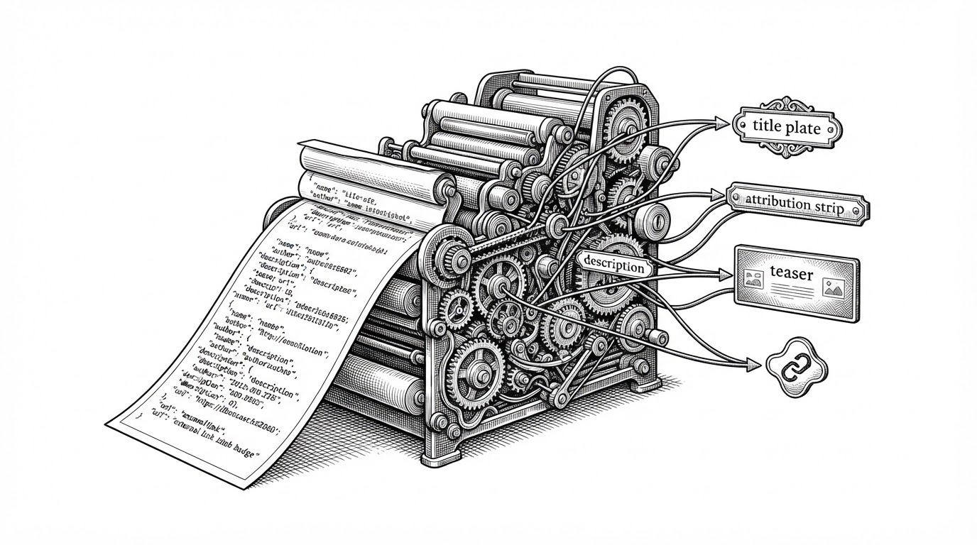 A close-up mechanical reader interprets a single JSON sheet and routes each field into a different output. The scene explains how metadata powers distinct UI slots like title, attribution, teaser text, and an outbound link without the repo itself rendering anything.