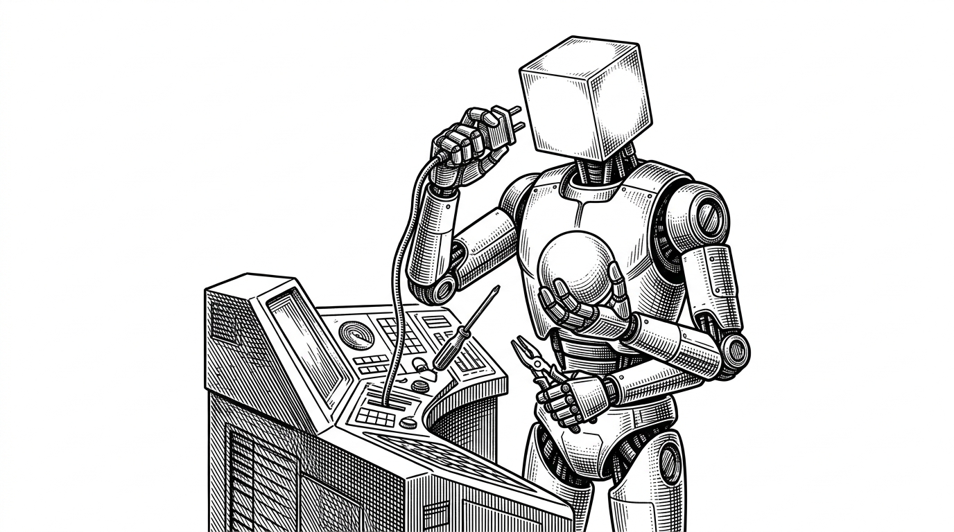 A robot engineer unplugging a glowing cube head and plugging in a glowing sphere head.
