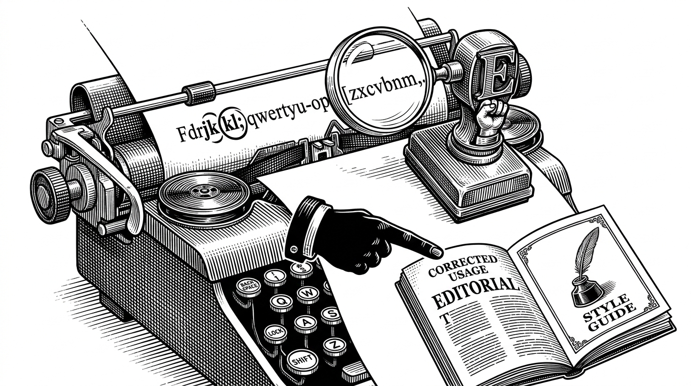 A typewriter with a red mechanical stamp highlighting a specific typo with a magnifying glass.