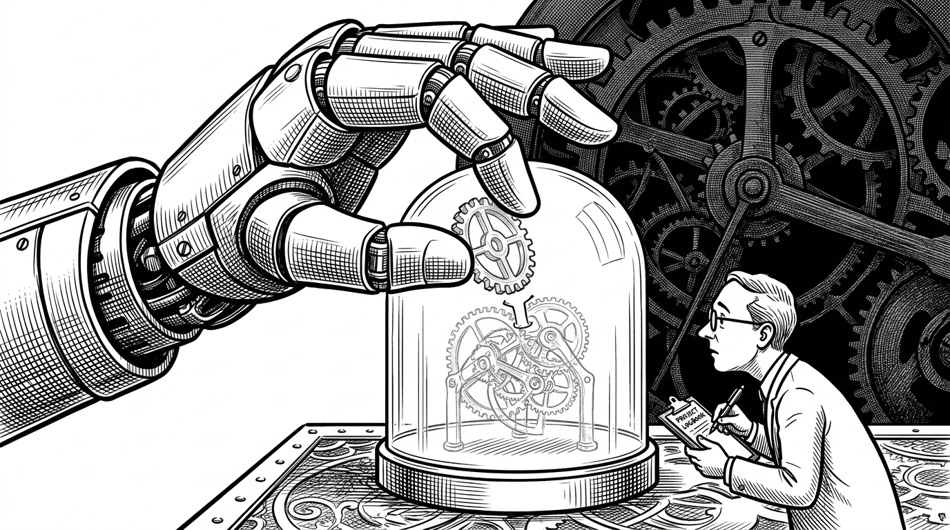 A giant mechanical hand placing a delicate glass gear into a small, contained glass dome clockwork mechanism while a human figure observes.