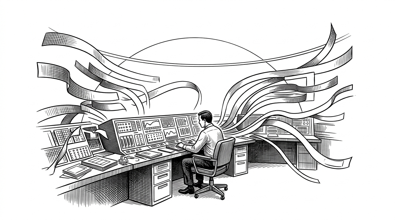 A wide black-ink editorial illustration of a mission control room on a pure white background, with one operator at a console, curved telemetry ribbons, and a lunar trajectory arc overhead. It explains that Artemis2 turns evaluation into procedural work, not chat.