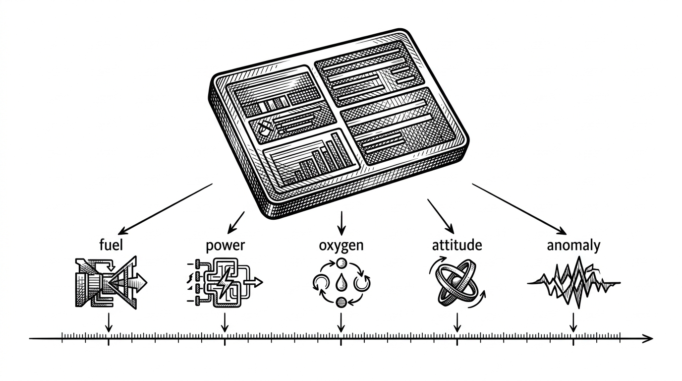 A black-ink illustration of a spacecraft state card floating above a slim mission timeline on a pure white background. Arrows connect the card to fuel, power, oxygen, attitude, and anomaly status, explaining how the repository keeps mission state deterministic and inspectable.