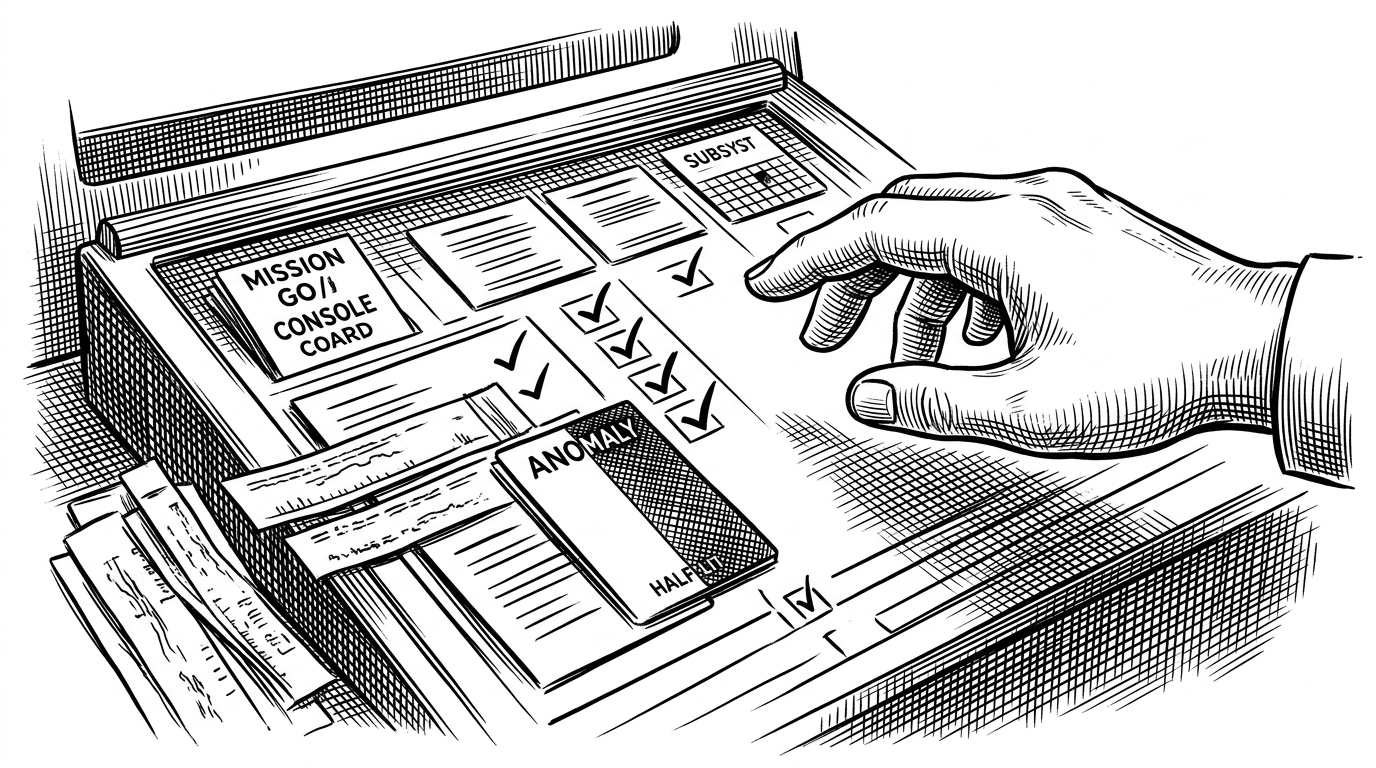 A close-up black-ink illustration of a go-no-go console on a pure white background, with subsystem cards, checkmarks, and one anomaly card half-lit. It explains how Artemis2 scores the order and quality of checks, not just the final success.