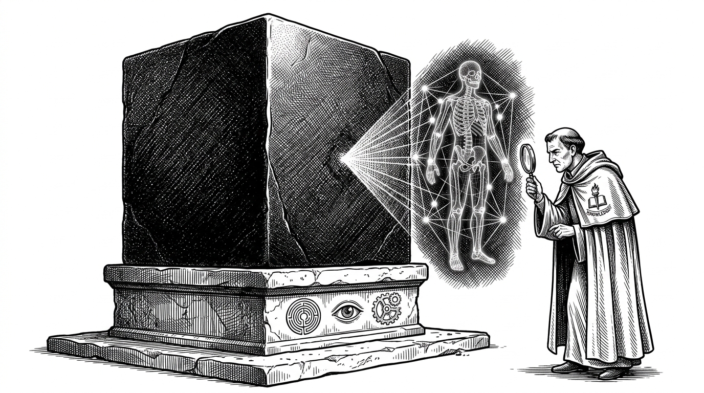 A massive obsidian cube being examined with a magnifying glass that projects its internal glowing wireframe. This visualizes the concept of inspecting a massive model file without fully opening it.