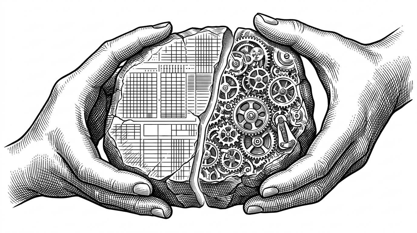 A cracked Rosetta Stone. One half features digital grids, the other half features organic clockwork gears, fused by a glowing seam. This represents unifying safetensors and GGUF.