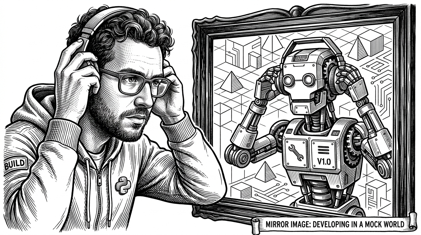 A developer looking into a mirror and seeing a robot performing the same actions.