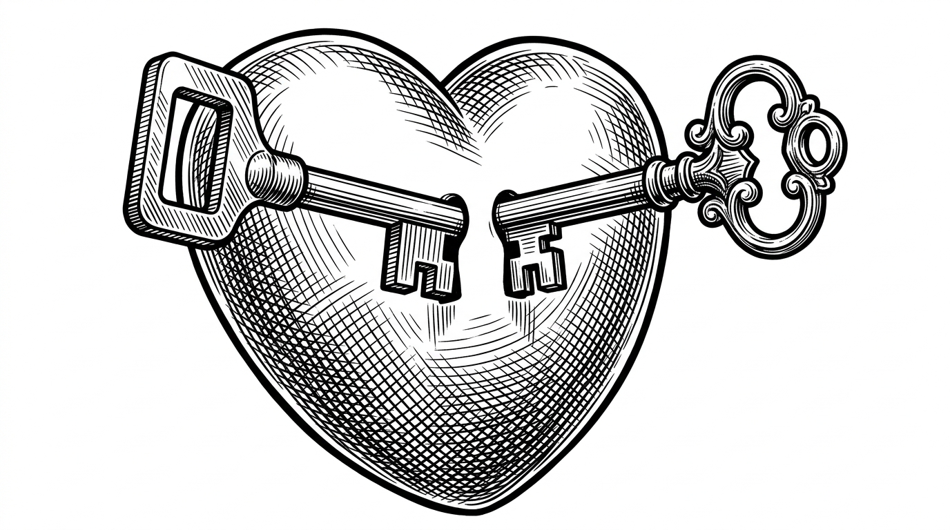 Two intricate keys being inserted into a single mechanical heart.