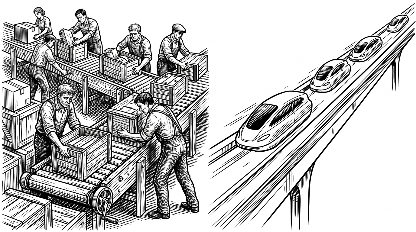 A split scene comparison. On the left, a clunky wooden conveyor belt with workers manually packing heavy crates represents the JVM serialization overhead. On the right, a sleek magnetic levitation rail where items glide smoothly without containers represents zero-copy Arrow memory.