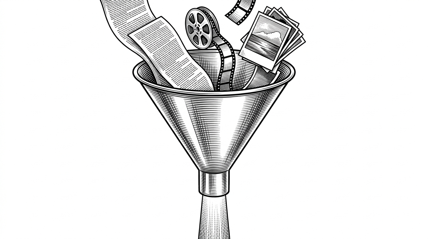 A massive metallic funnel compressing various raw materials like text pages, film reels, and photographs into a single uniform glowing geometric beam. This illustrates Daft's ability to unify multimodal data into a single structured pipeline.