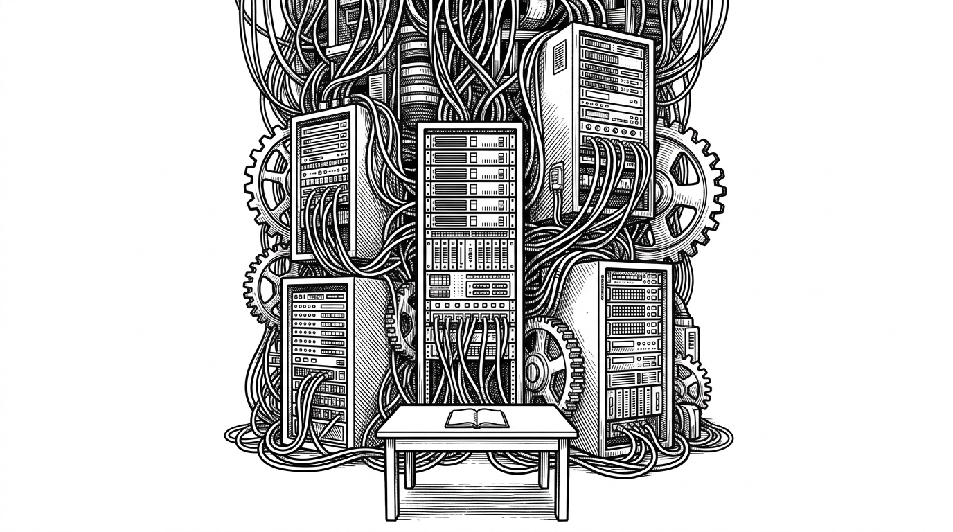 A wide illustration showing a tiny desk with an open notebook at the base of a massive, brutalist wall made of heavy server racks and tangled cables. The image visualizes the daunting leap from simple local Python development to complex distributed cloud infrastructure.