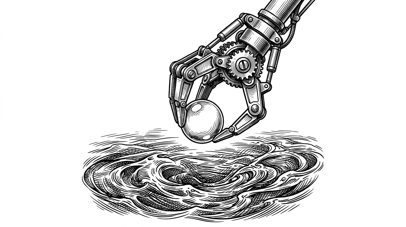 A close-up illustration of a highly detailed, polished metal mechanical claw delicately holding a single, glowing glass bead over a vast, churning pool of liquid. This represents the precise Rust CLI injecting a tiny Python script into the massive distributed Ray cluster.