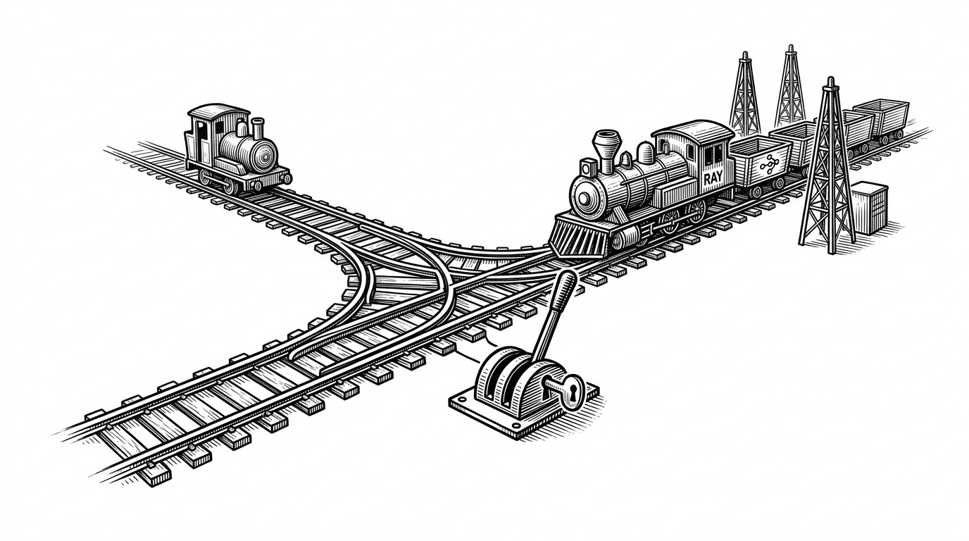 A railroad switch on a white field splits one track into two. One branch leads to a small native engine, the other to a clustered Ray engine, while the switch handle is locked in place. The image explains that Daft can inspect possible runners, but once it commits, the process cannot casually change course.
