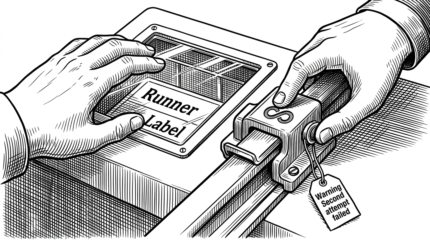 A close-up of two hands over a control panel. One hand hovers above a glass inspection window labeled infer, while the other hand presses a heavy latch labeled create that clamps shut around a rail. The image explains how Daft separates a harmless read of the environment from an irreversible process commitment.