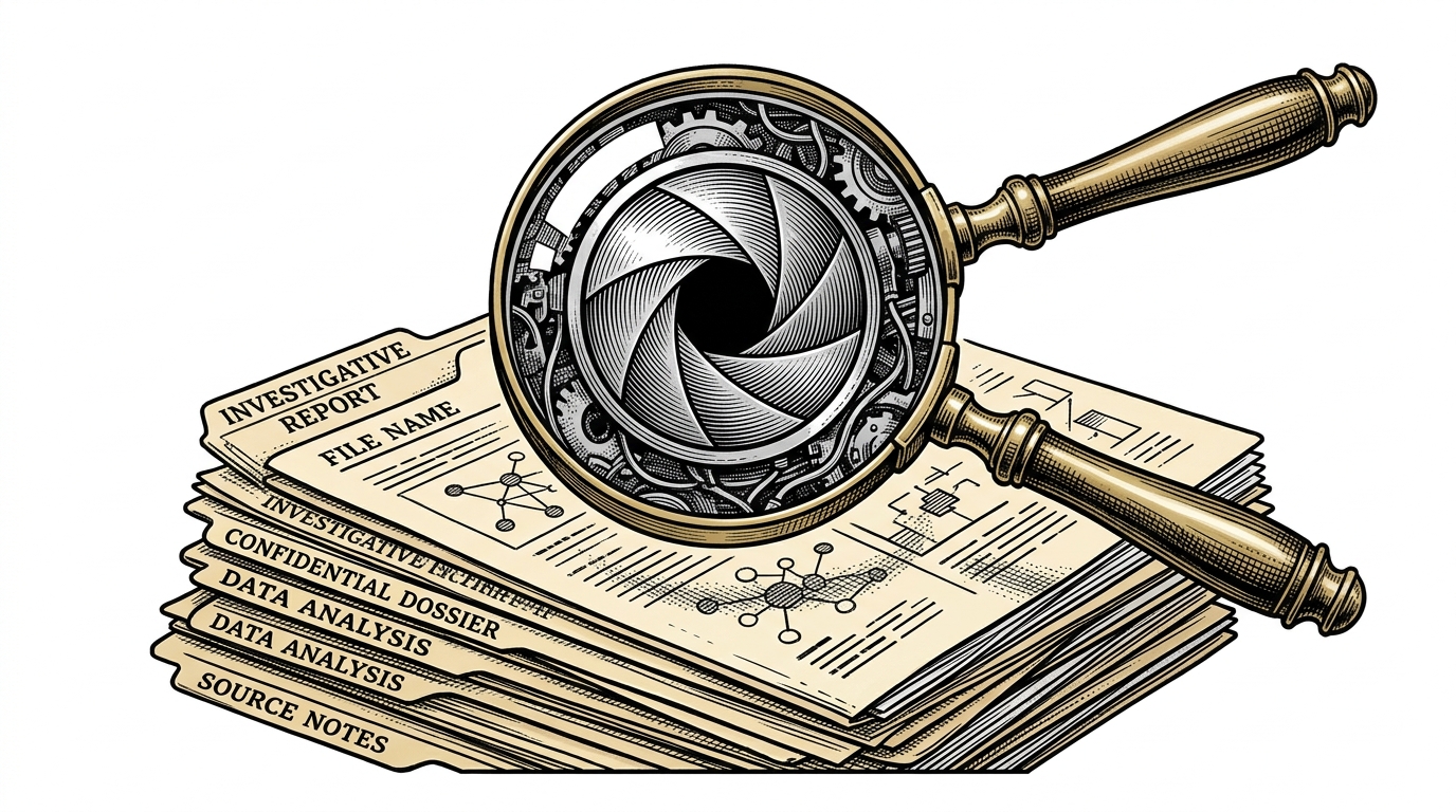 A magnifying glass with a mechanical camera aperture reflected in the lens, hovering over manila folders.
