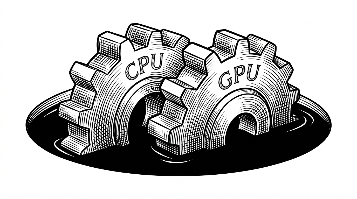 Two interlocking gears labeled CPU and GPU submerged in a single pool of ink.