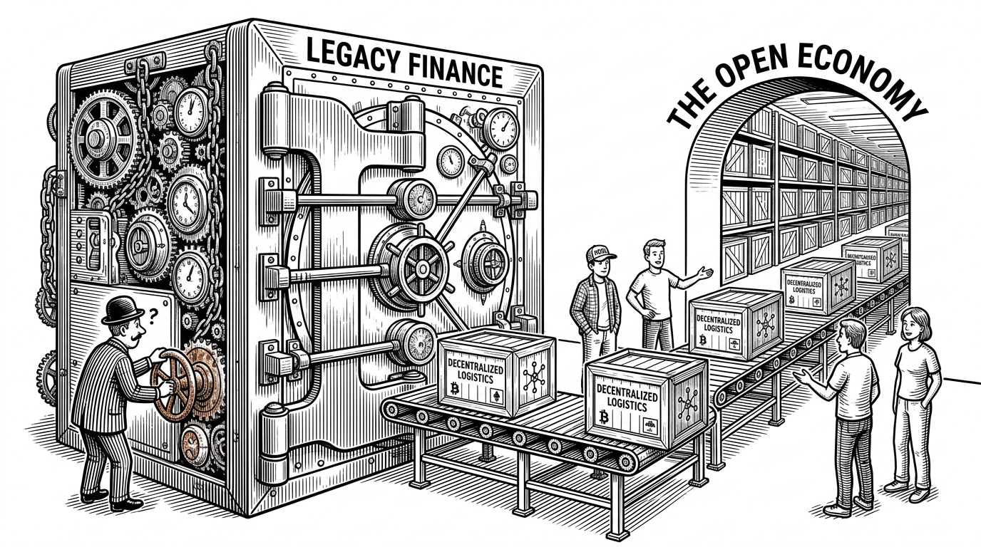 A massive, glowing vault bypassed by a simple conveyor belt carrying crates to an open warehouse, illustrating the circumvention of complex AI databases.