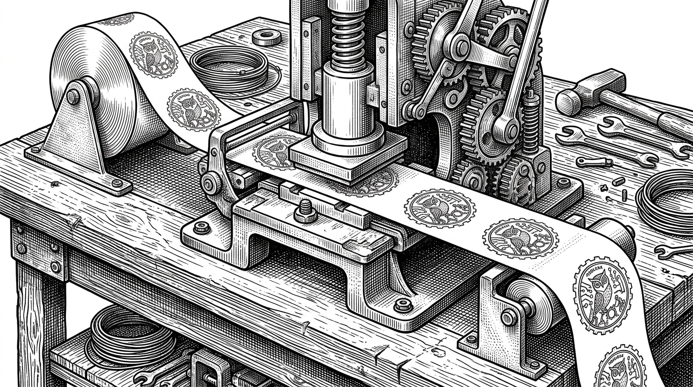 A close-up of a mechanical workbench where a stationary, complex iron stamp presses down on a continuous feed of paper tape, illustrating stateful UDFs.