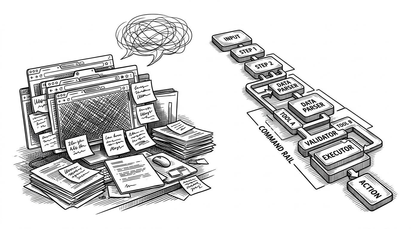 A split editorial scene contrasts a messy desk full of tabs and sticky notes on one side with a clean command rail and named steps on the other. The left side suggests vague prompting, while the right side suggests a structured workflow. The image explains the article's comparison between improvisation and process.