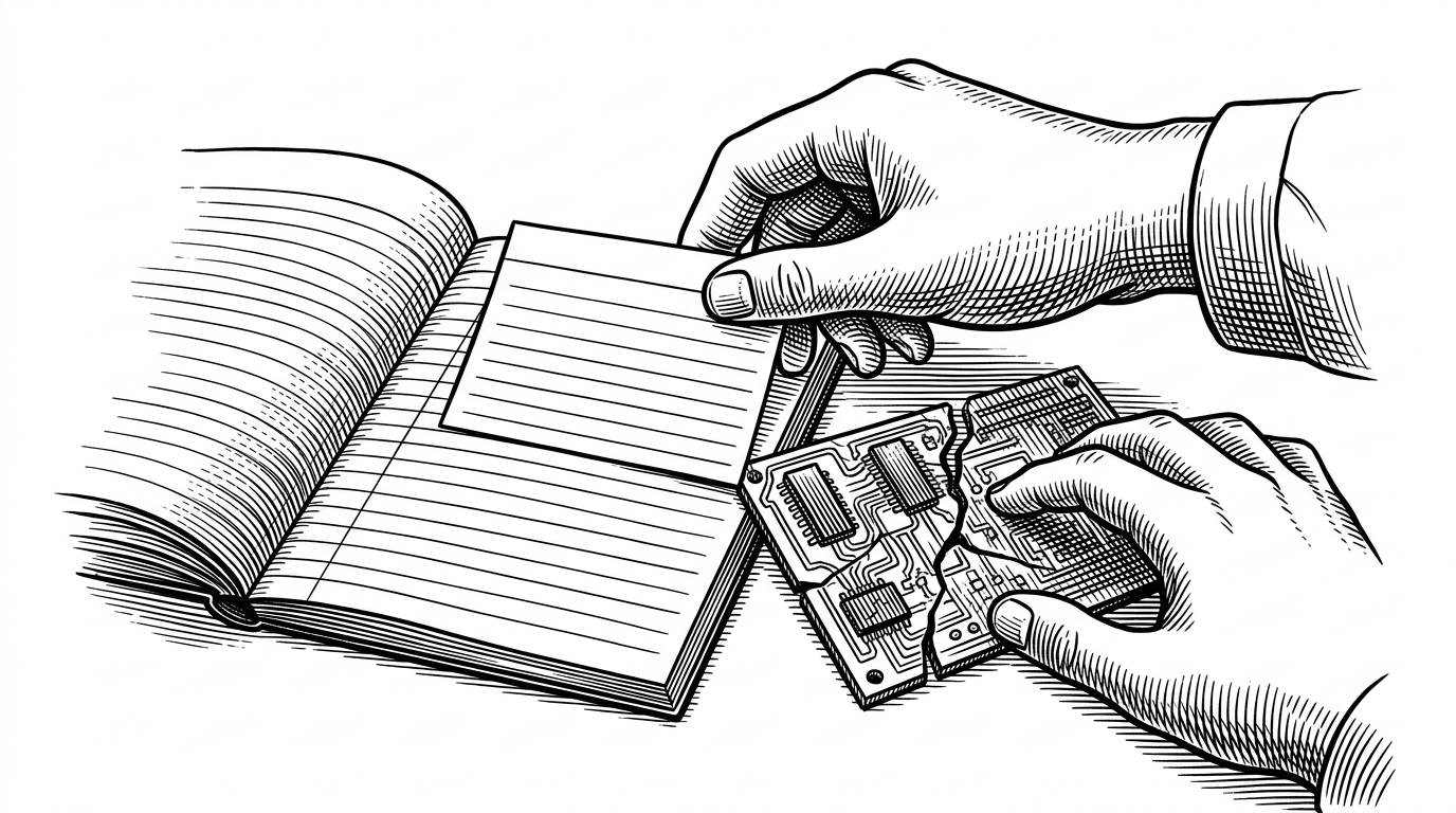 A close-up editorial scene of an experiment notebook beside a cracked prototype board. A hand adds a new test note before touching the machine again. The image explains that the repo values logging and revision before another coding attempt.