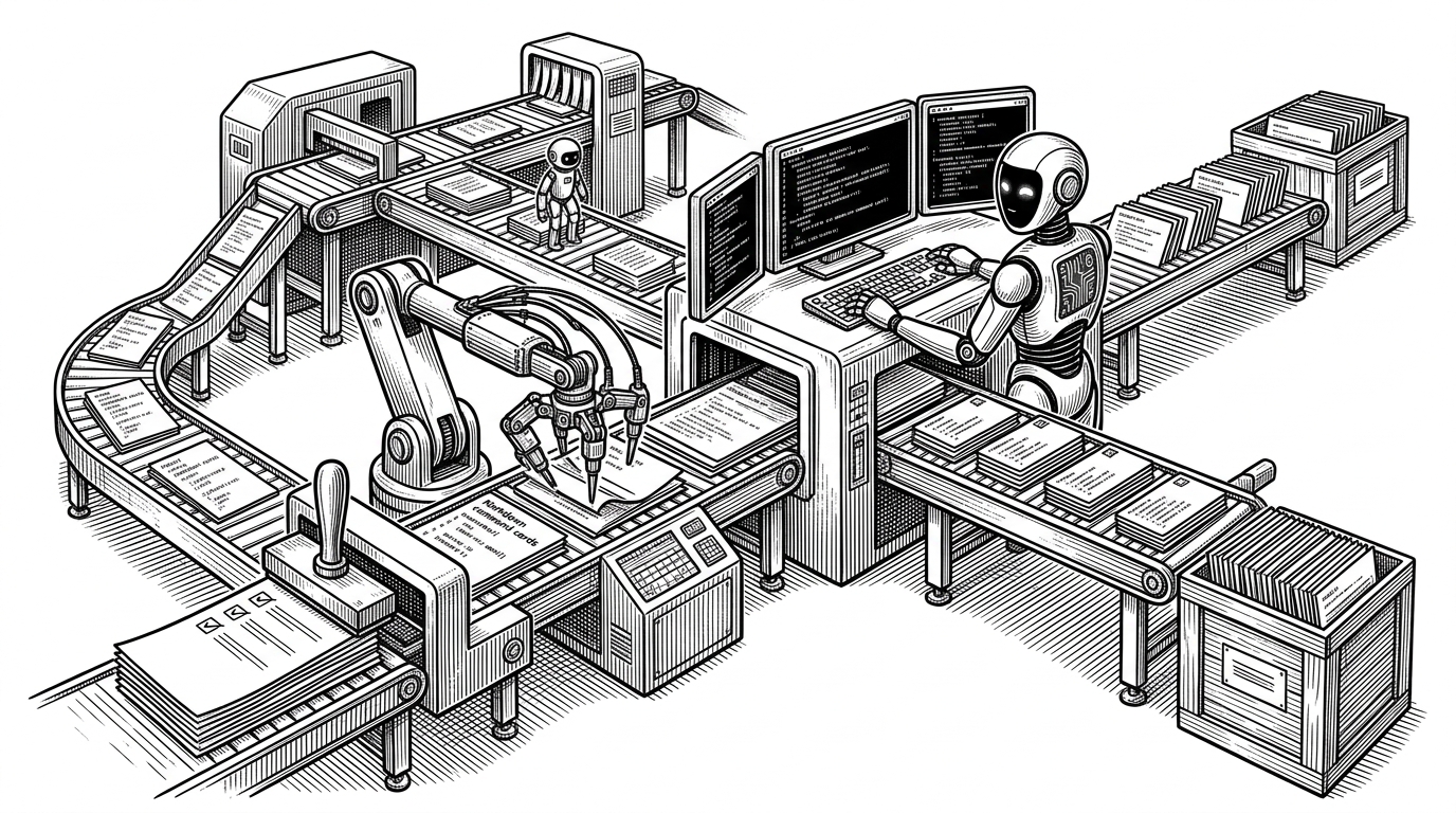A wide editorial scene of a terminal-like workstation turned into a disciplined assembly line. Markdown command cards, checklists, and a Claude-like assistant figure move through a structured workflow instead of a chaotic chat bubble. The image explains that this repository is about process control, not just better prompts.