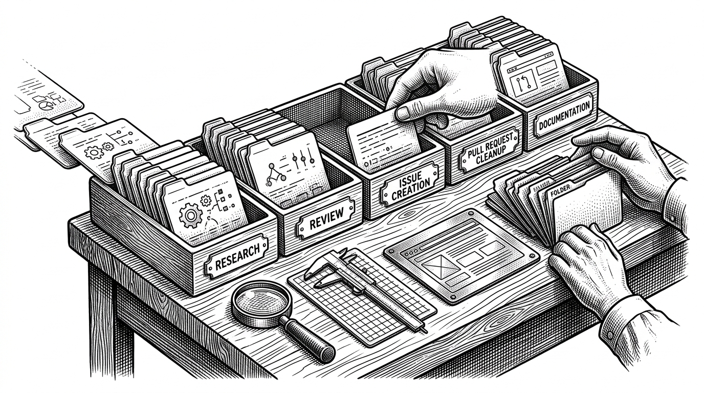 A medium-distance editorial scene of command cards sliding into labeled trays for research, review, issue writing, and PR cleanup. Small tools like a GitHub CLI terminal, search magnifier, and structured filter sit on the bench. The image explains how the repository turns isolated prompts into a repeatable pipeline.