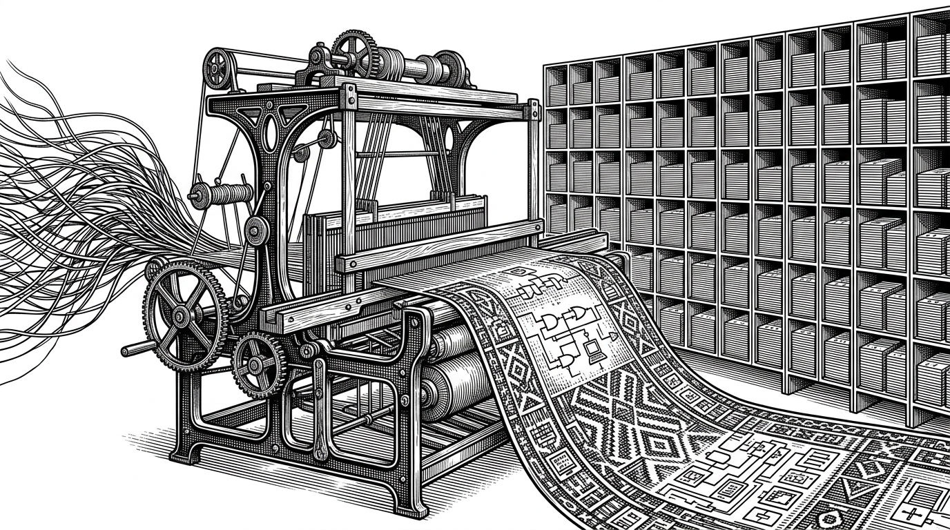 A vintage mechanical loom where raw, chaotic threads representing code are fed into the machine and woven into a tightly structured, permanent tapestry that feeds into a massive, organized library of punch cards. Visually represents compounding chaotic work into permanent institutional memory.