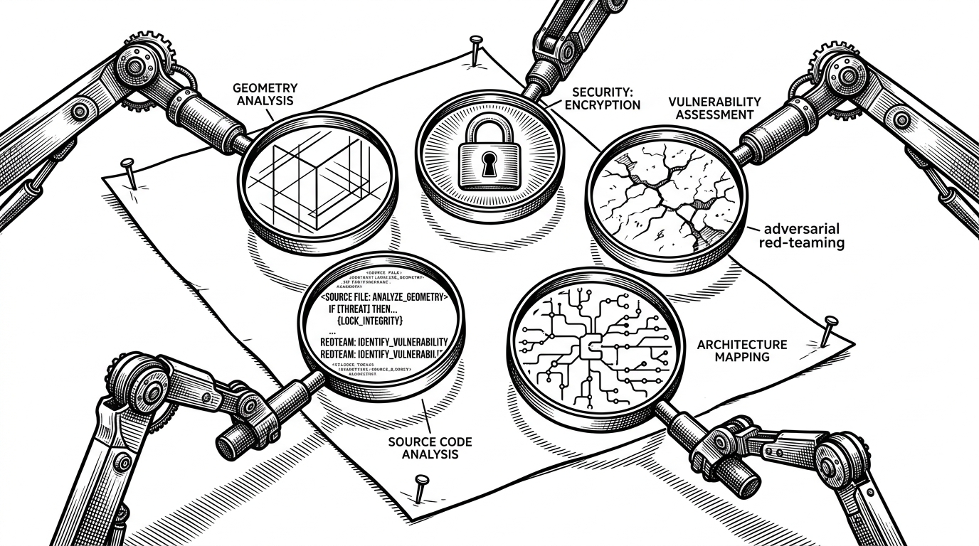 A single sheet of parchment representing a source file pinned to a table. Five distinct mechanical arms hold different types of magnifying glasses over the paper. One glass reveals structural geometry, another a glowing lock for security, and a third shows cracks representing adversarial red-teaming. Illustrates the parallel, multi-persona review pipeline.