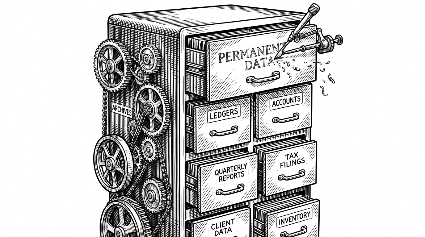 A vintage filing cabinet where drawers are connected by clockwork gears, with a mechanical cursor etching data into the metal.