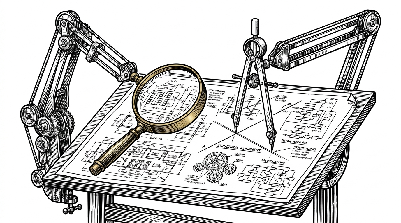 Two mechanical drafting arms hovering over a blueprint. One holds a magnifying glass, the other a geometric compass.