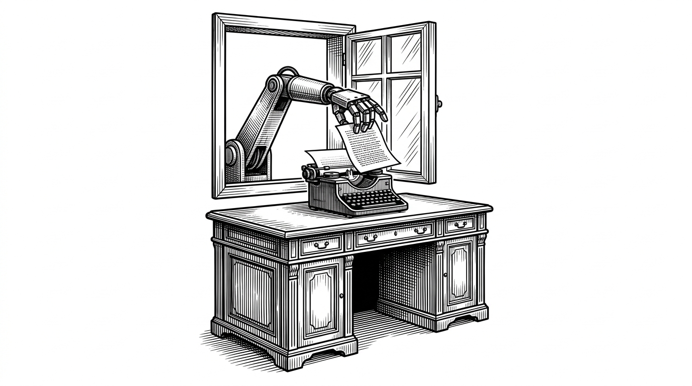 A mechanical arm awkwardly reaching through a window to drop a page on a typewriter, representing the bolted-on nature of current AI writing assistants.
