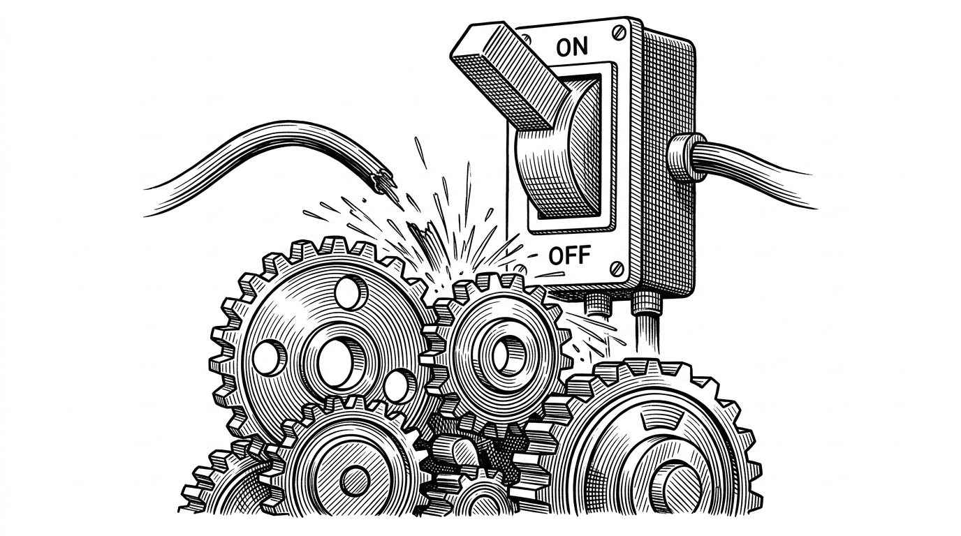 A massive industrial electrical switch forcefully thrown to the OFF position above jammed, sparking gears, representing defensive circuit breakers against AI hallucinations.