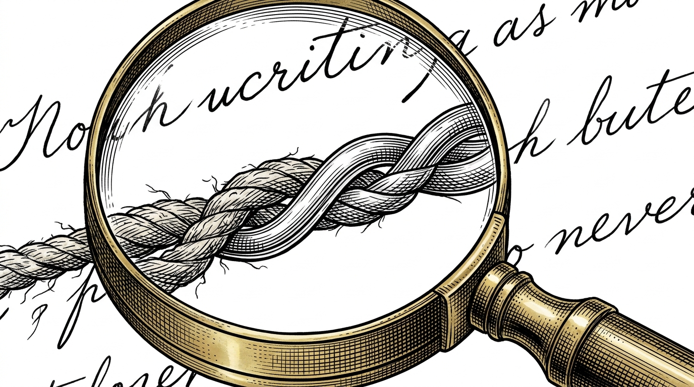 A close-up of an ink line viewed through a magnifying glass, revealing it is woven from an organic fiber and a metallic wire, symbolizing human and AI provenance.