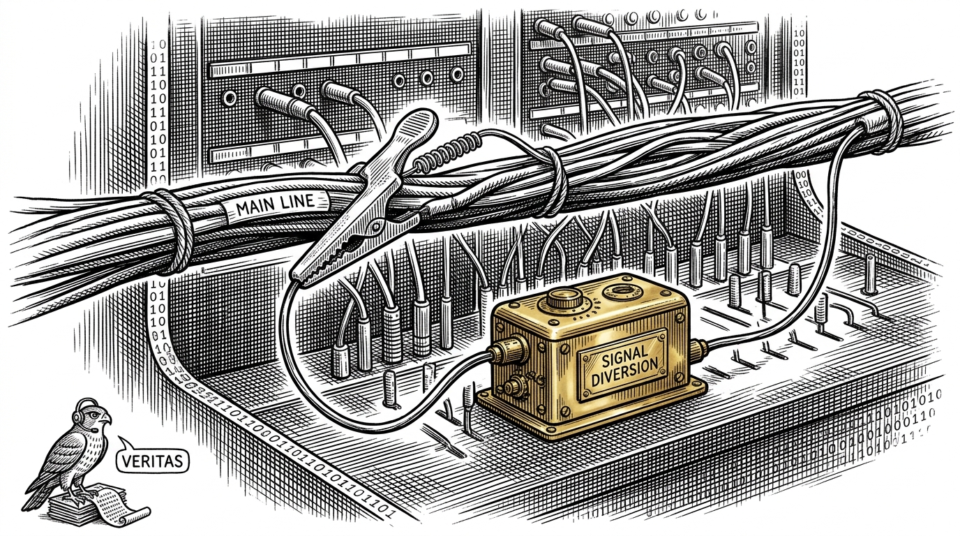 A classic mechanical switchboard where a thick main communications cable is being tapped into by a single precise alligator clip, routing the signal through a small brass modification box. This illustrates the concept of middleware intercepting and modifying an LLM request payload.