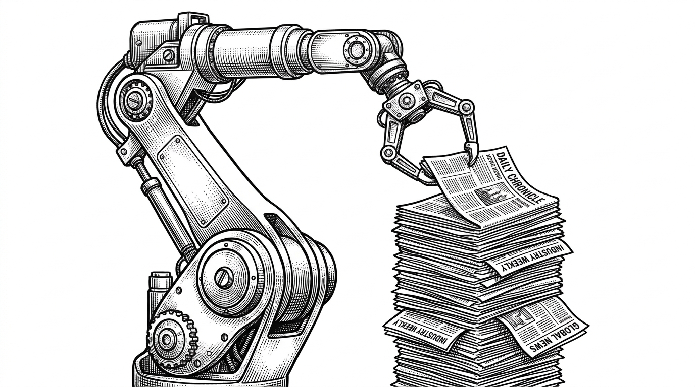 A large articulated industrial robotic arm holding a much smaller identical robotic arm at its manipulator joint. The smaller arm is delicately sifting through a towering stack of daily newspapers. This represents the primary agent delegating the search task to a smaller local CLI process.