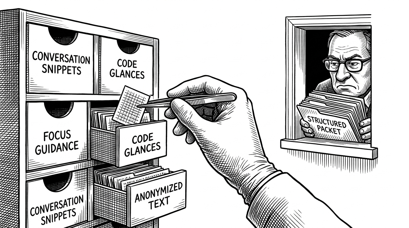A close-up evidence-board scene where separate drawers and folders labeled conversation, code glances, focus guidance, and anonymized text are assembled into a structured packet. The image explains that pi-grump feeds the model with tagged context instead of a loose blob of chat history.