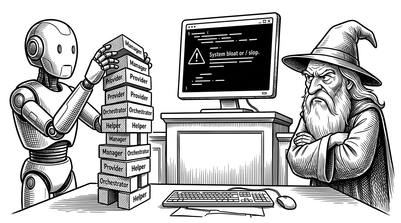 A wide terminal courtroom where an AI agent stacks labeled blocks into an overbuilt tower while a grumpy wizard-like sidecar leans in from the margin, arms folded. The scene explains that this tool watches for AI-generated bloat and interrupts only when the code starts to smell wrong.