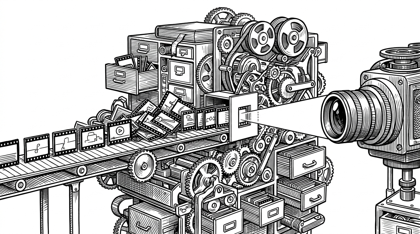 A clockwork observatory channels a stream of video frames through a narrow aperture while drawers, gears, and memory spools pile up behind it. The image explains the project’s core claim: in streaming video QA, a small recent window can outperform a larger memory system that tries to carry everything forward.