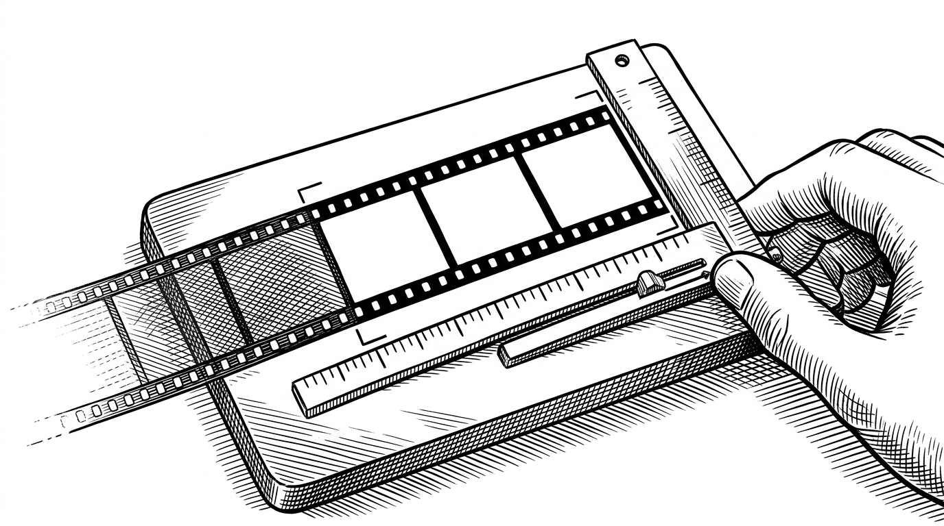 A close-up of a film strip moving across a measuring jig. The last few frames are boxed with exact alignment marks while older frames fade outside the working area. The image explains that SimpleStream is not a casual shortcut, but a disciplined sampling strategy designed to make the recent-window baseline fair and efficient.